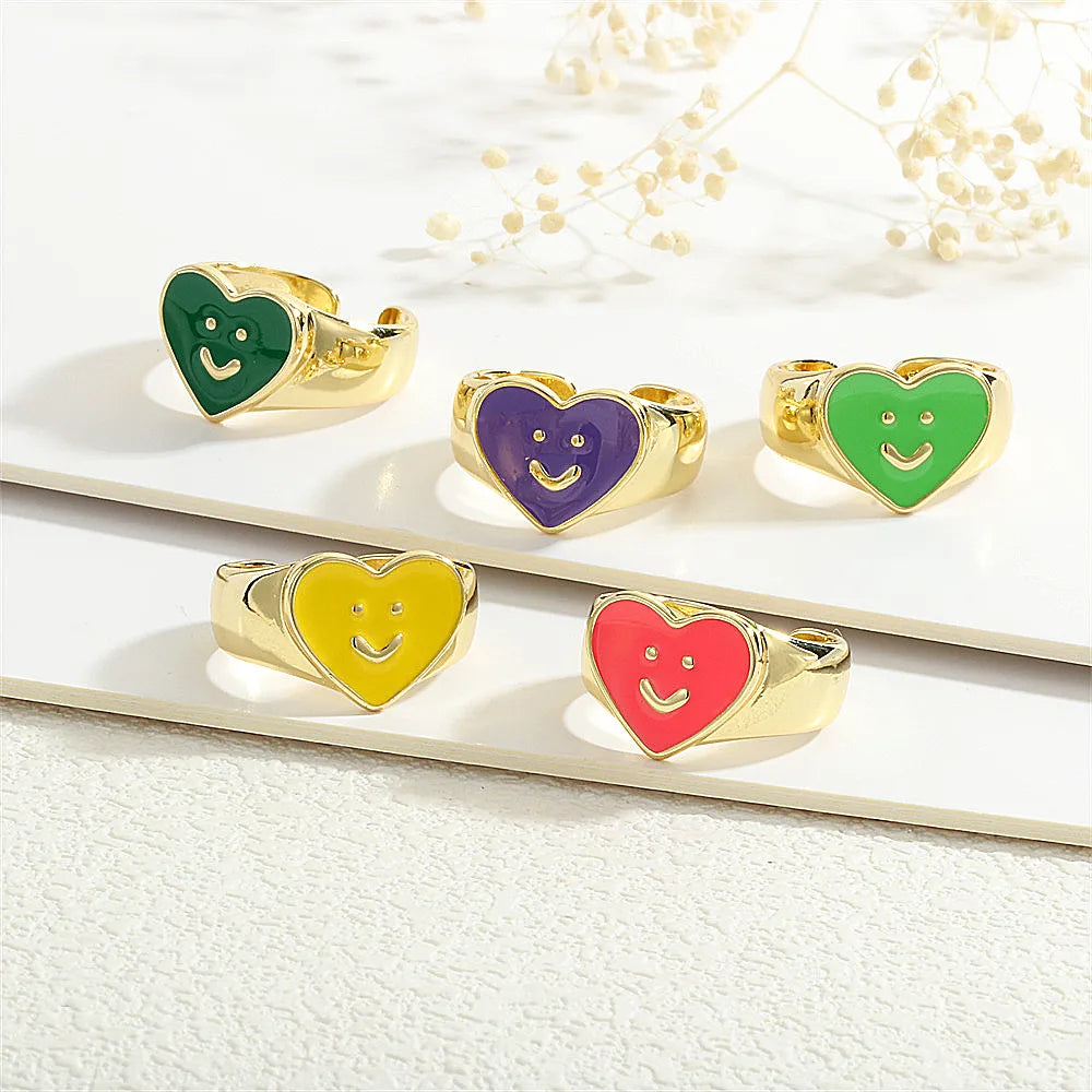 Copper Enamel Heart Shape Smiley Face Open Rings