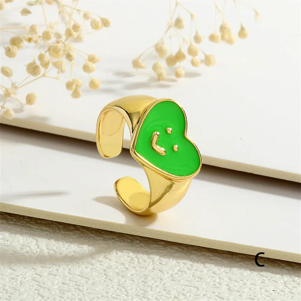 Copper Enamel Heart Shape Smiley Face Open Rings