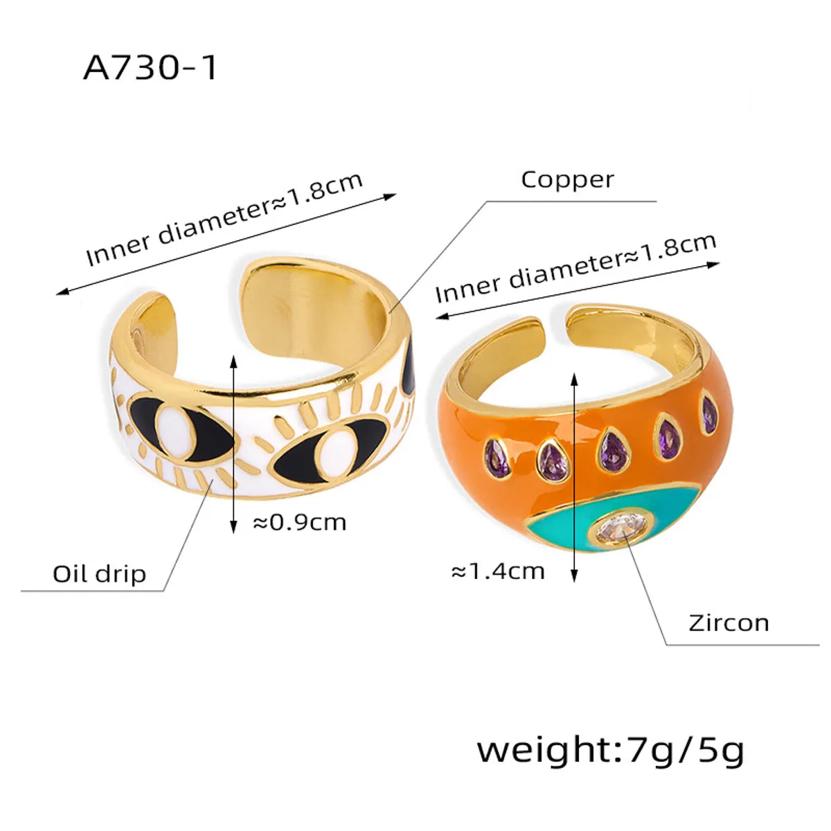 Copper Enamel Inlay Eye Zircon Open Rings