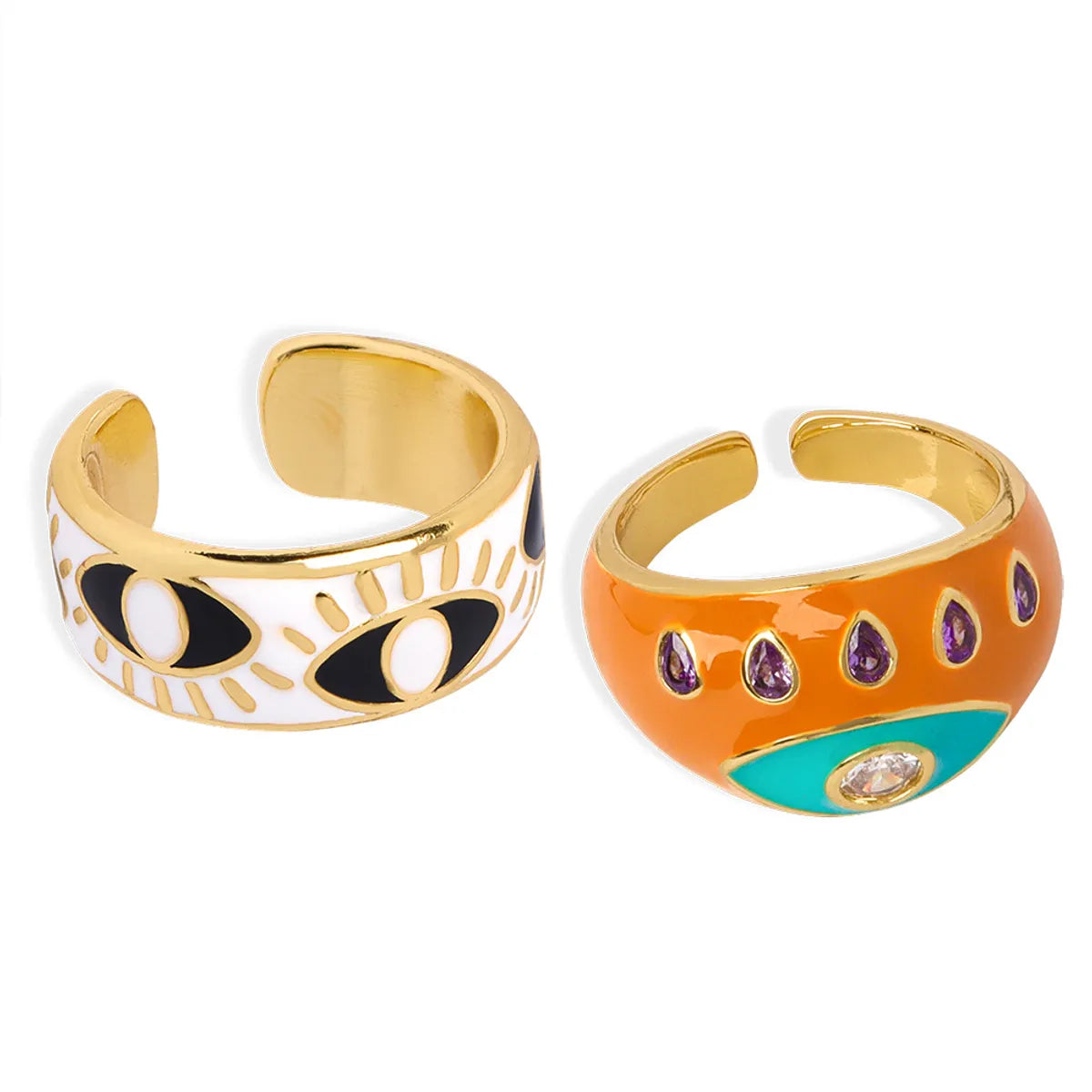 Copper Enamel Inlay Eye Zircon Open Rings