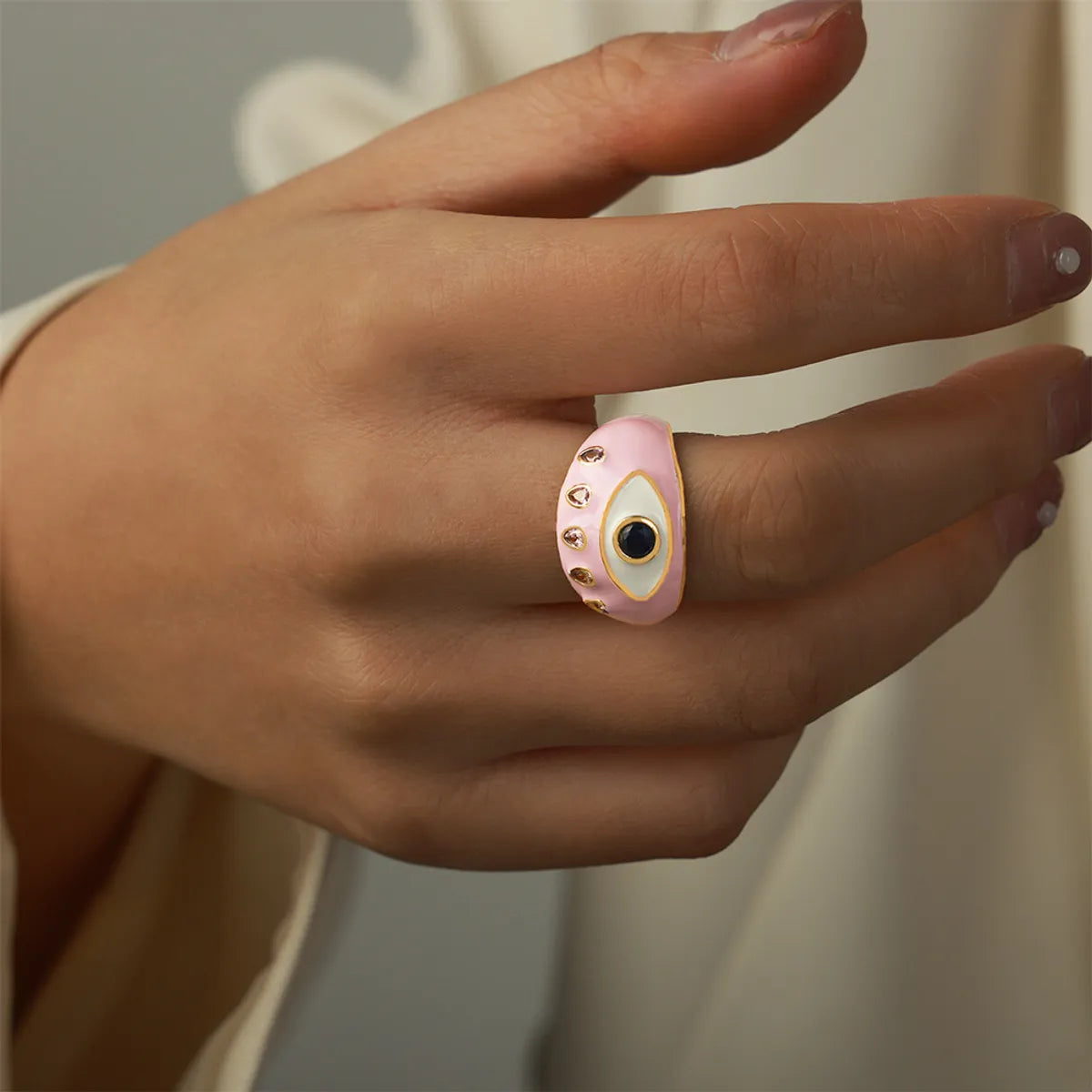 Copper Enamel Inlay Eye Zircon Open Rings