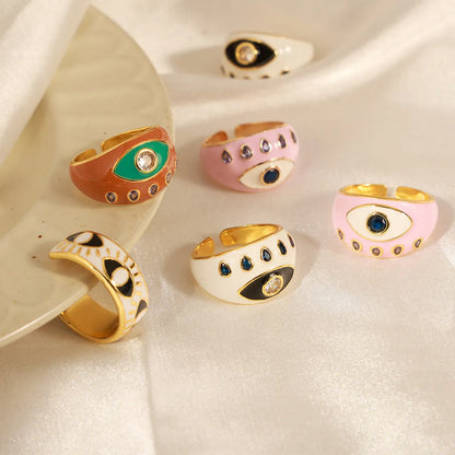 Copper Enamel Inlay Eye Zircon Open Rings