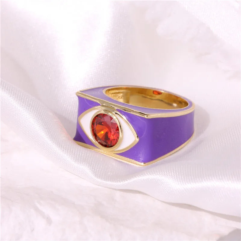 Copper Enamel Inlay Geometric Eye Zircon Rings