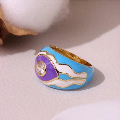 Copper Enamel Inlay Geometric Eye Zircon Rings