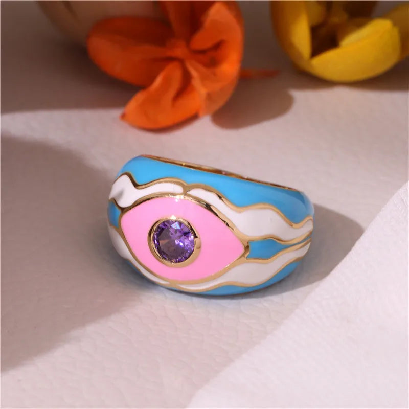 Copper Enamel Inlay Geometric Eye Zircon Rings