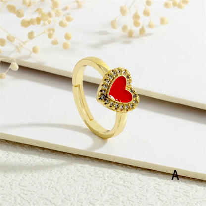 Copper Enamel Inlay Heart Shape Zircon Adjustable Ring