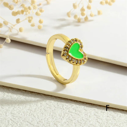 Copper Enamel Inlay Heart Shape Zircon Adjustable Ring