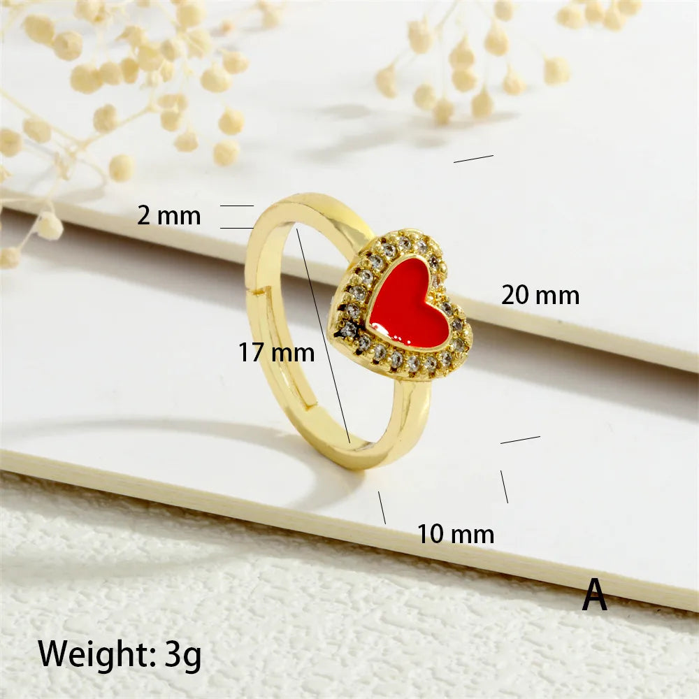 Copper Enamel Inlay Heart Shape Zircon Adjustable Ring