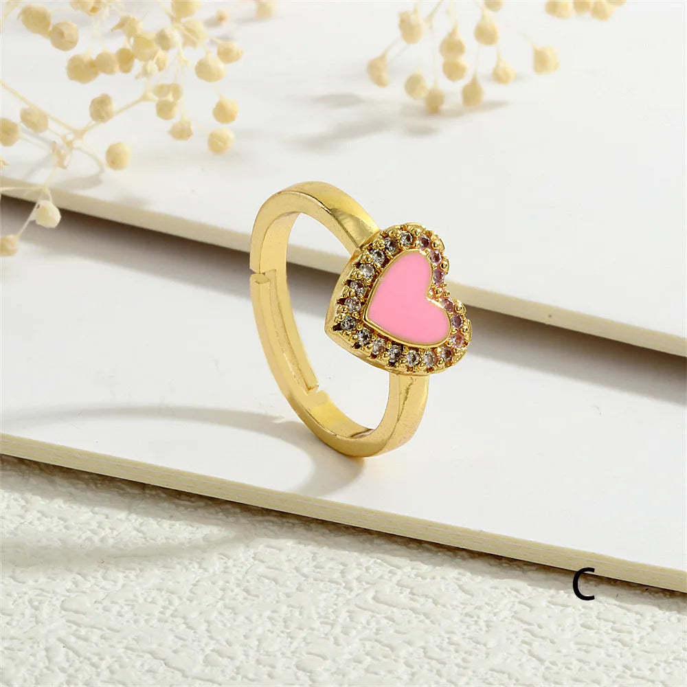 Copper Enamel Inlay Heart Shape Zircon Adjustable Ring