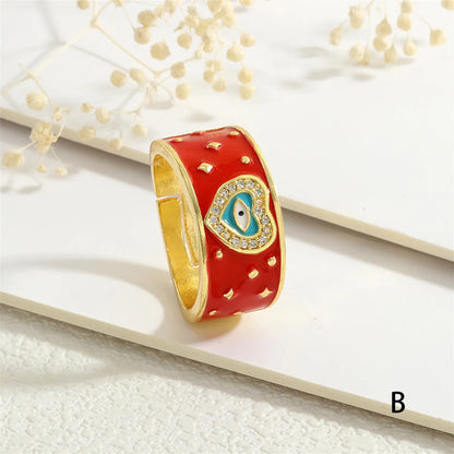 Copper Enamel Plating Inlay Devil'S Eye Heart Shape Zircon Adjustable Ring