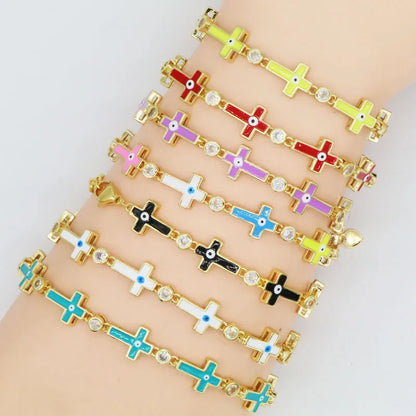 Copper Enamel Plating Inlay Geometric Cross Devil'S Eye Zircon Bracelets