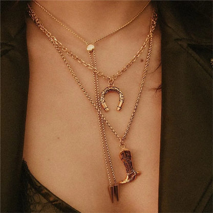 Copper Gold Plated Boots Horseshoe Pendant Necklace