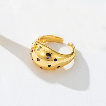 Copper Gold Plated Chinoiserie Pastoral Simple Style Plating Carving U Shape Round Zircon Open Rings