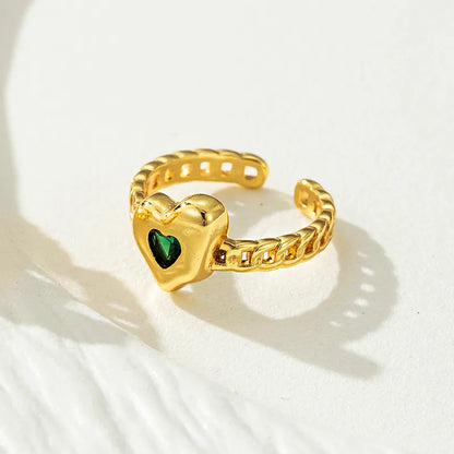 Copper Gold Plated Cute Sweet Plating Inlay Carving Asymmetrical Bear Heart Shape Zircon Adjustable Ring Open Rings