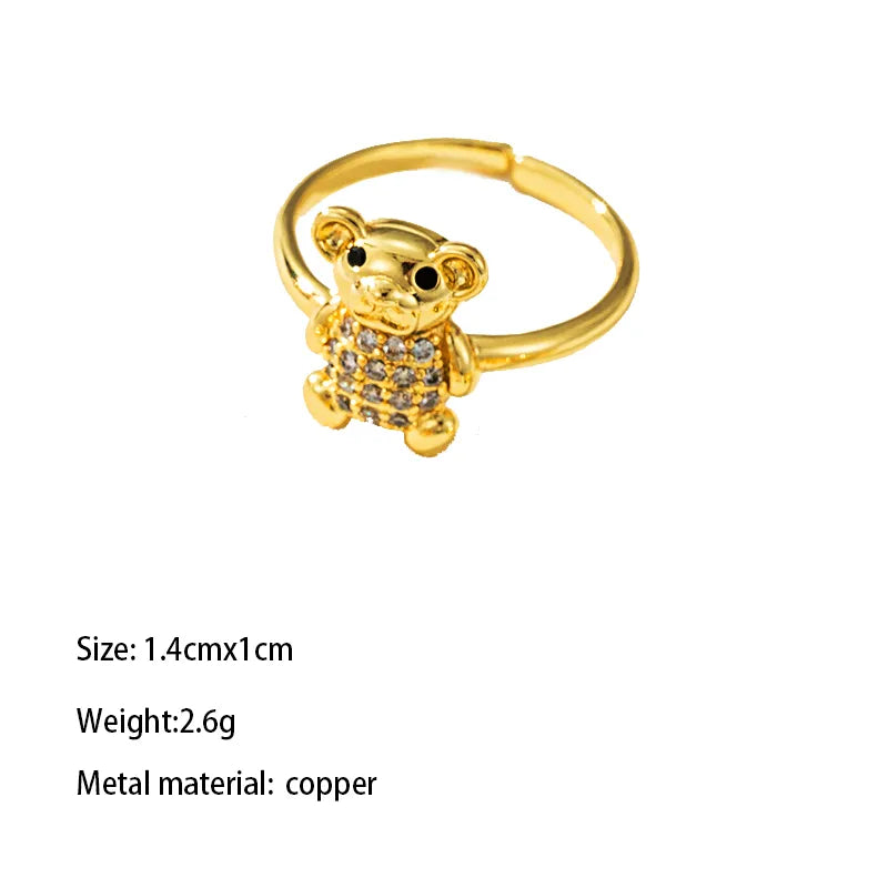 Copper Gold Plated Cute Sweet Plating Inlay Carving Asymmetrical Bear Heart Shape Zircon Adjustable Ring Open Rings