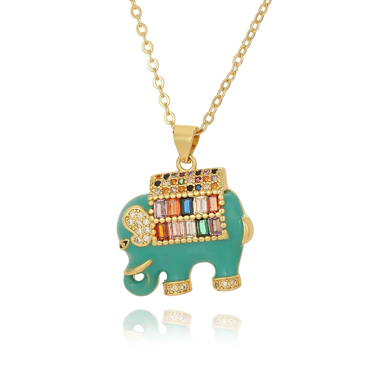 Copper Gold Plated Enamel Inlay Elephant Zircon Pendant Necklace