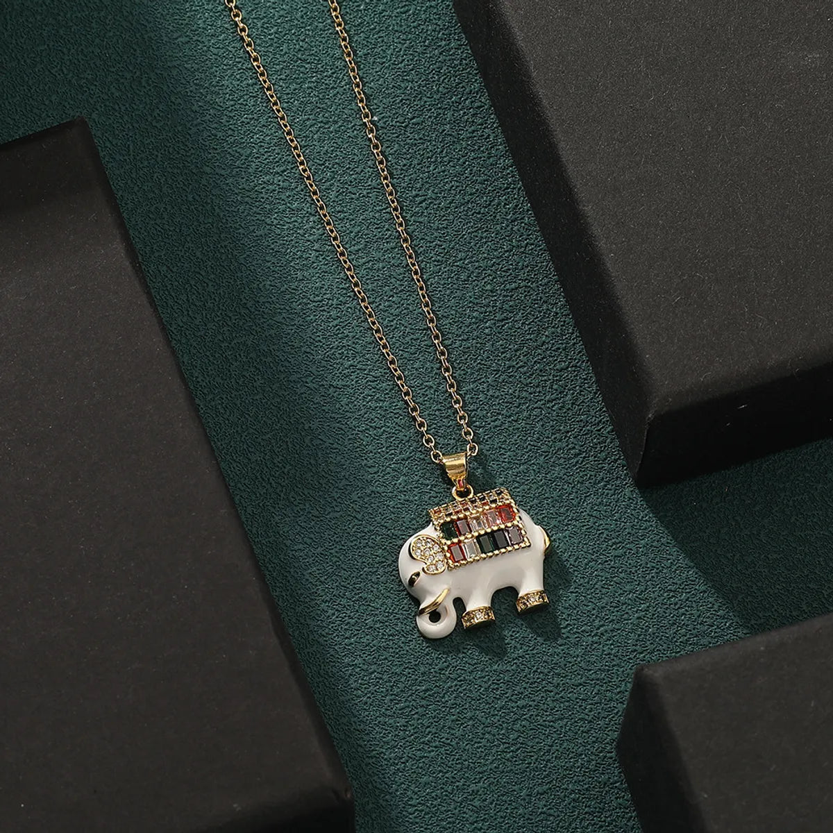 Copper Gold Plated Enamel Inlay Elephant Zircon Pendant Necklace