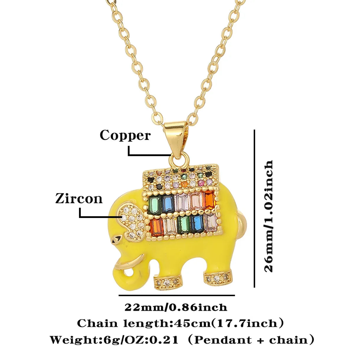 Copper Gold Plated Enamel Inlay Elephant Zircon Pendant Necklace