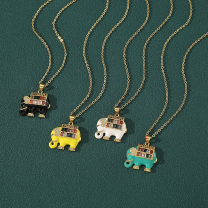 Copper Gold Plated Enamel Inlay Elephant Zircon Pendant Necklace