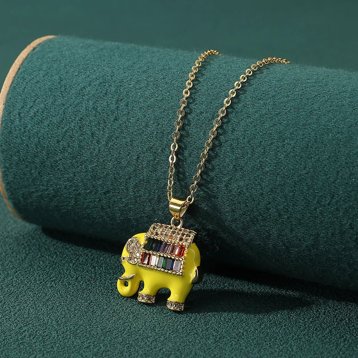 Copper Gold Plated Enamel Inlay Elephant Zircon Pendant Necklace