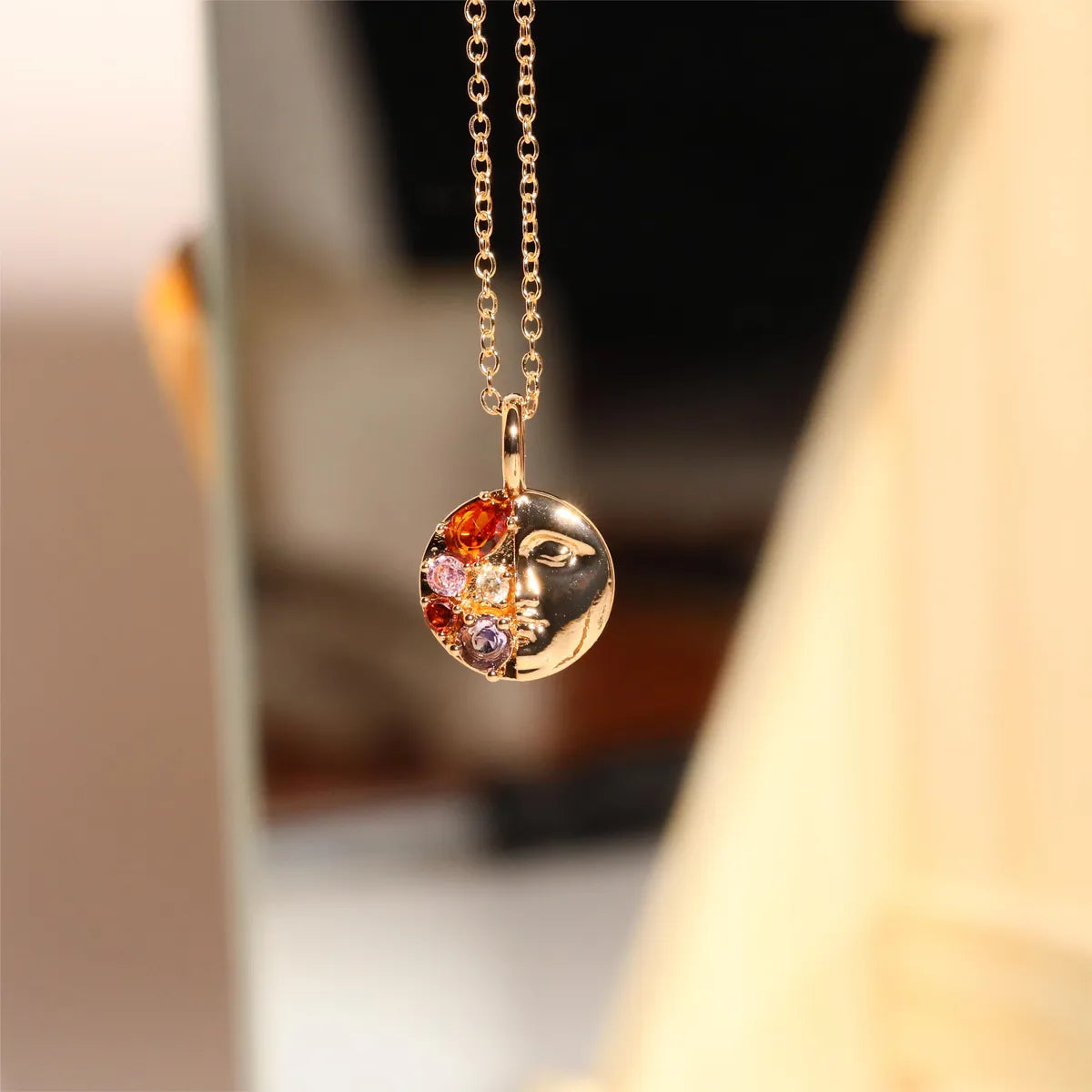 Copper Gold Plated Inlay Round Zircon Pendant Necklace