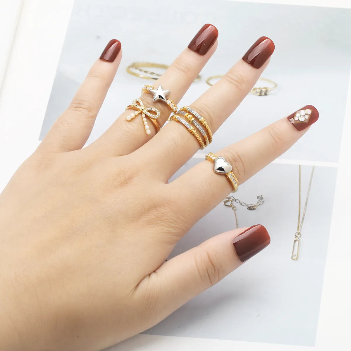 Copper Gold Plated Modern Style Simple Style Plating Inlay Star Heart Shape Bow Knot Zircon Open Rings