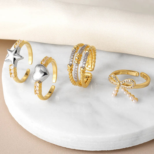 Copper Gold Plated Modern Style Simple Style Plating Inlay Star Heart Shape Bow Knot Zircon Open Rings