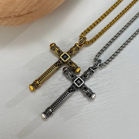 Copper Gold Plated Silver Plated Retro Artistic Cross Inlay Zircon Necklace