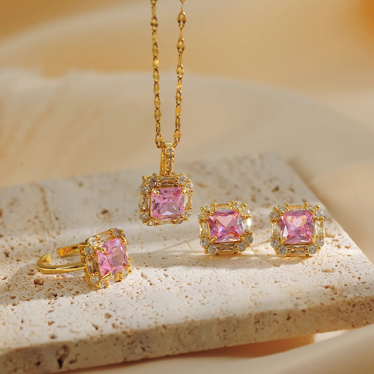 Copper Gold Plated Simple Style Classic Style Plating Inlay Solid Color Zircon Jewelry Set