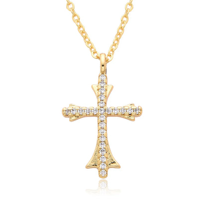 Copper Gold Plated Simple Style Shiny Cross Hollow Out Inlay Zircon Pendant Necklace