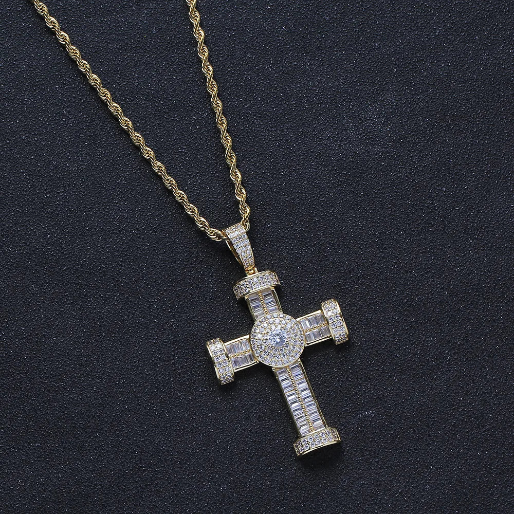 Copper Hip-Hop Inlay Geometric Cross Zircon Pendant Necklace