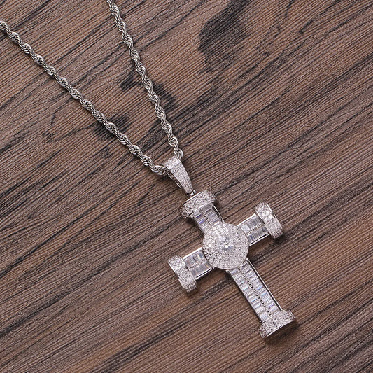 Copper Hip-Hop Inlay Geometric Cross Zircon Pendant Necklace