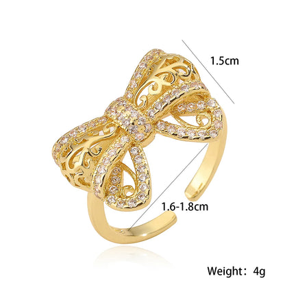 Copper Hollow Out Inlay Bow Knot Zircon Open Rings