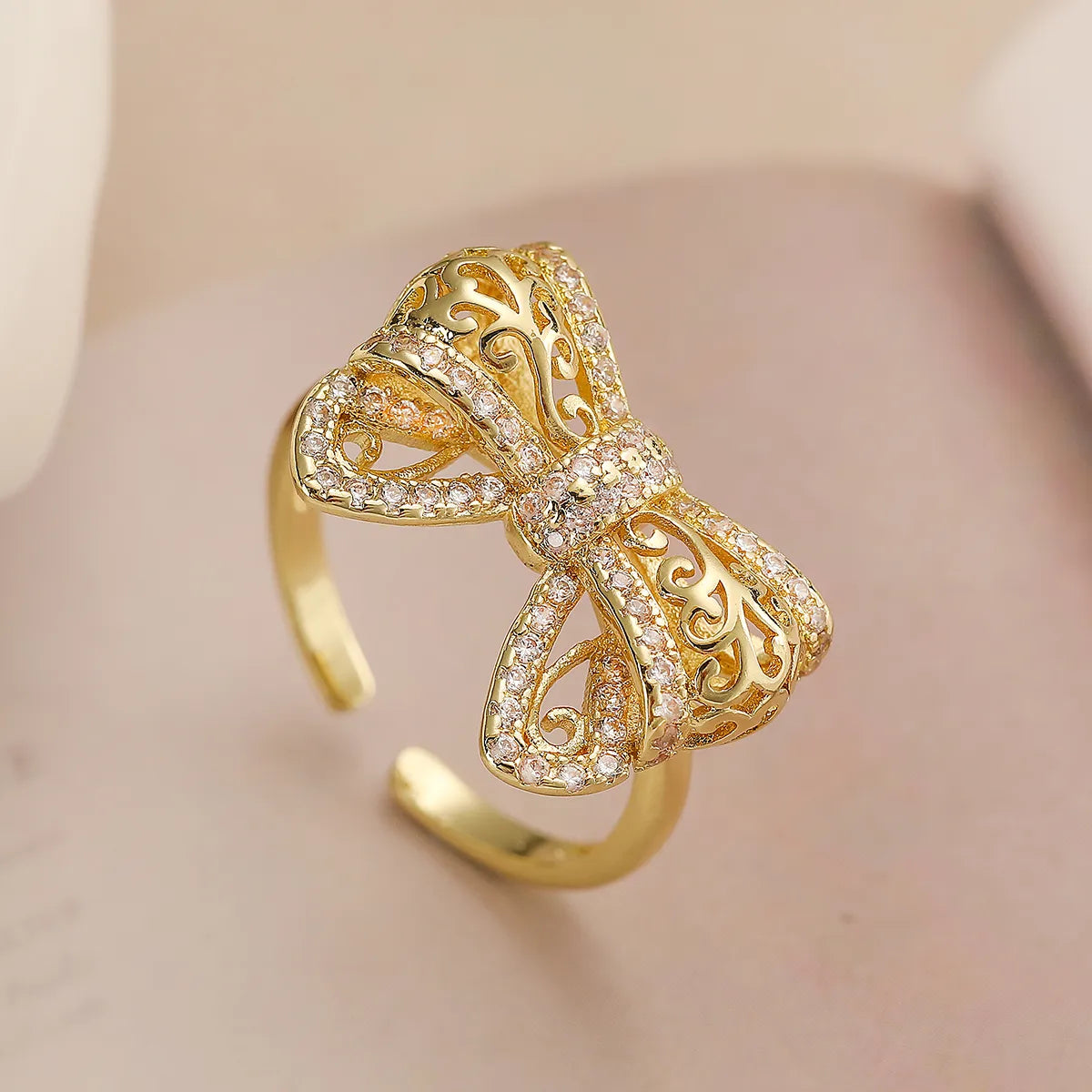 Copper Hollow Out Inlay Bow Knot Zircon Open Rings