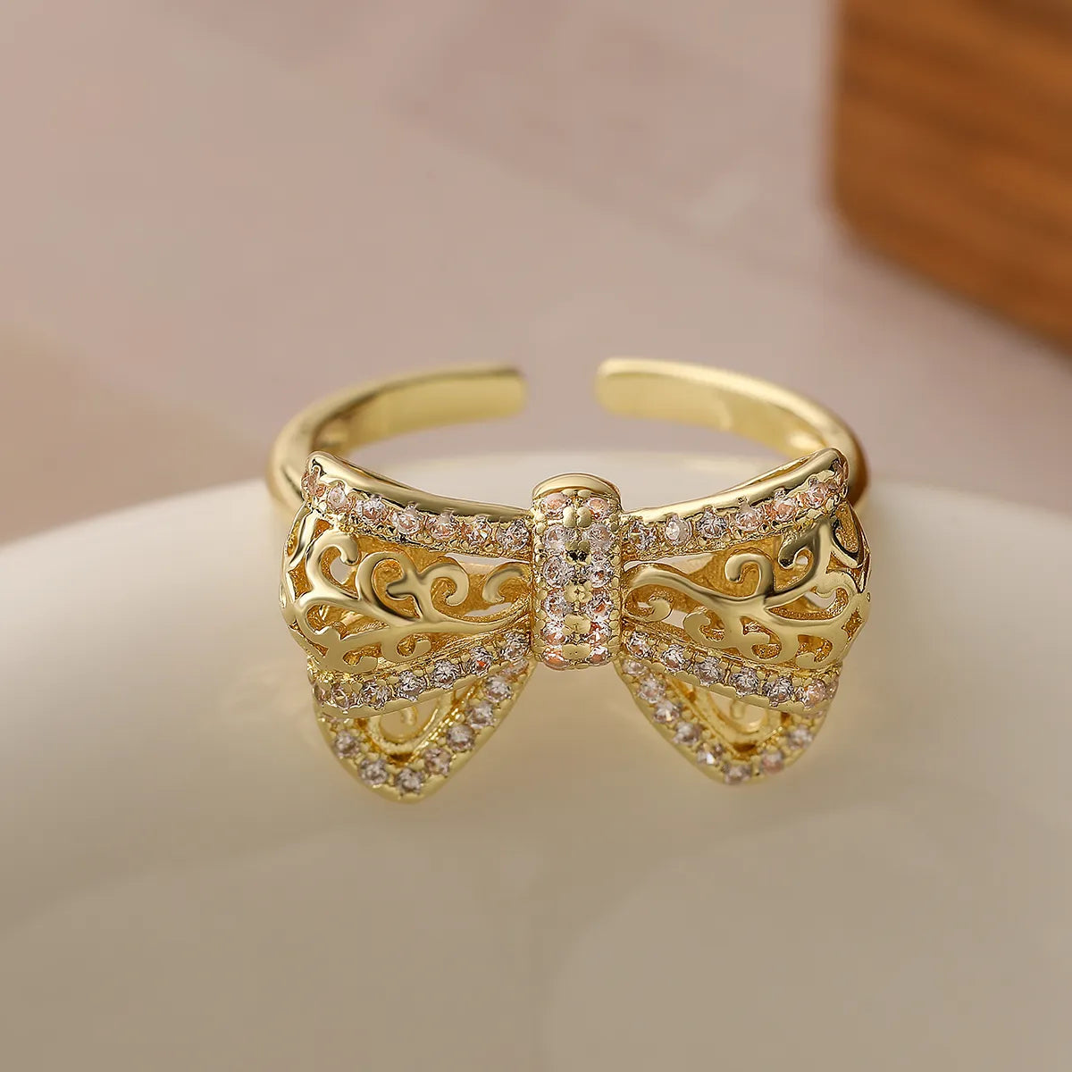 Copper Hollow Out Inlay Bow Knot Zircon Open Rings