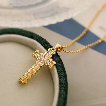 Copper IG Style Modern Style Inlay Cross Zircon Pendant Necklace