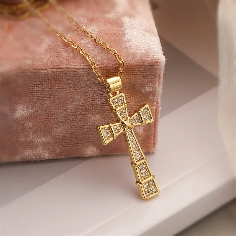 Copper IG Style Modern Style Inlay Cross Zircon Pendant Necklace