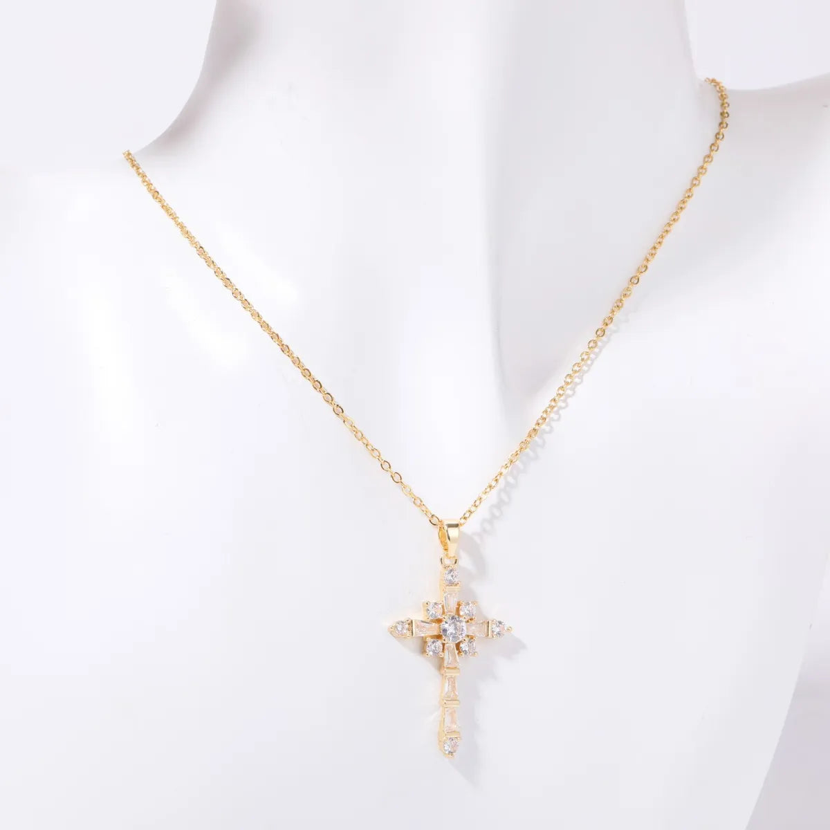 Copper IG Style Simple Style Cross Plating Inlay Rhinestones Pendant Necklace