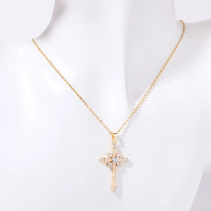 Copper IG Style Simple Style Cross Plating Inlay Rhinestones Pendant Necklace