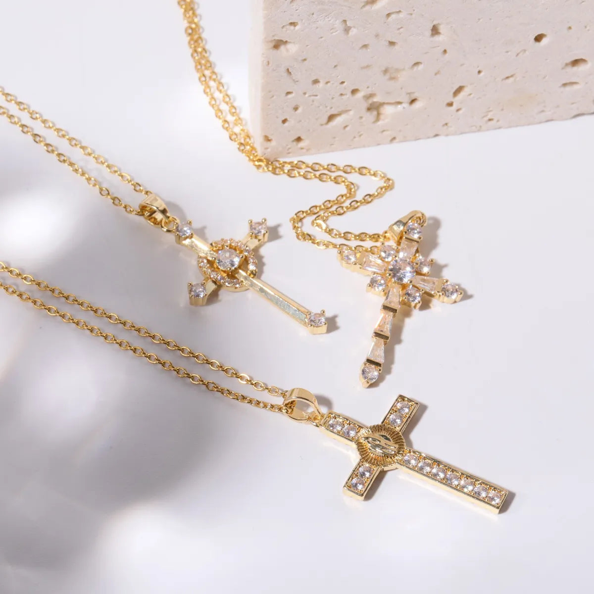 Copper IG Style Simple Style Cross Plating Inlay Rhinestones Pendant Necklace