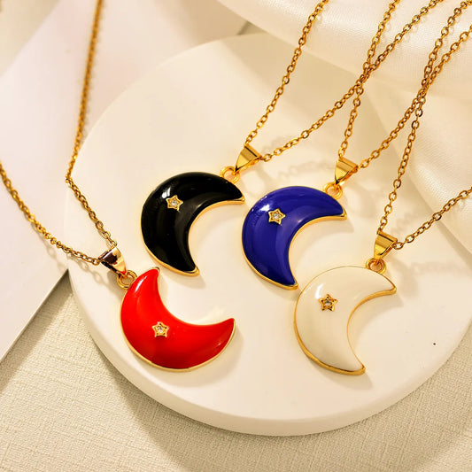 Copper IG Style Simple Style Moon Enamel Inlay Zircon Pendant Necklace