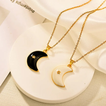 Copper IG Style Simple Style Moon Enamel Inlay Zircon Pendant Necklace