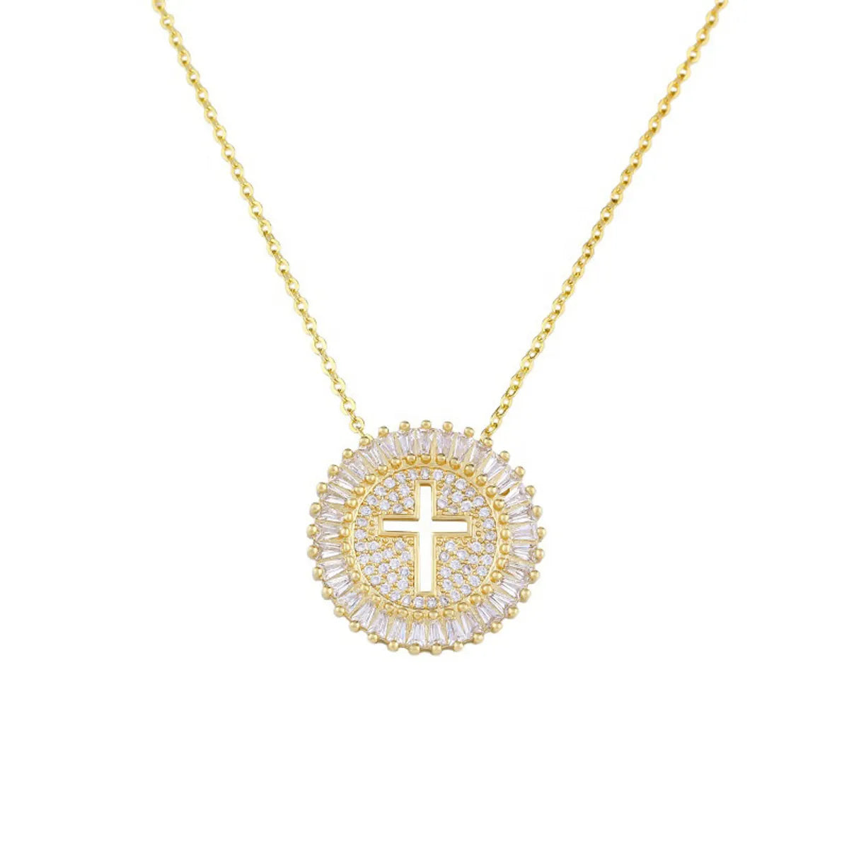 Copper Inlaid Zircon Retro Simple Round Pendant Hollow Cross Necklace