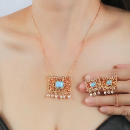 Copper Inlay Color Block Turquoise Jewelry Set