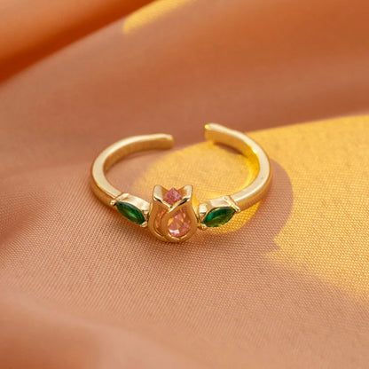 Copper Inlay Flower Zircon Open Rings