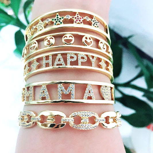 Copper Inlay Letter Star Smiley Face Artificial Gemstones Bangle