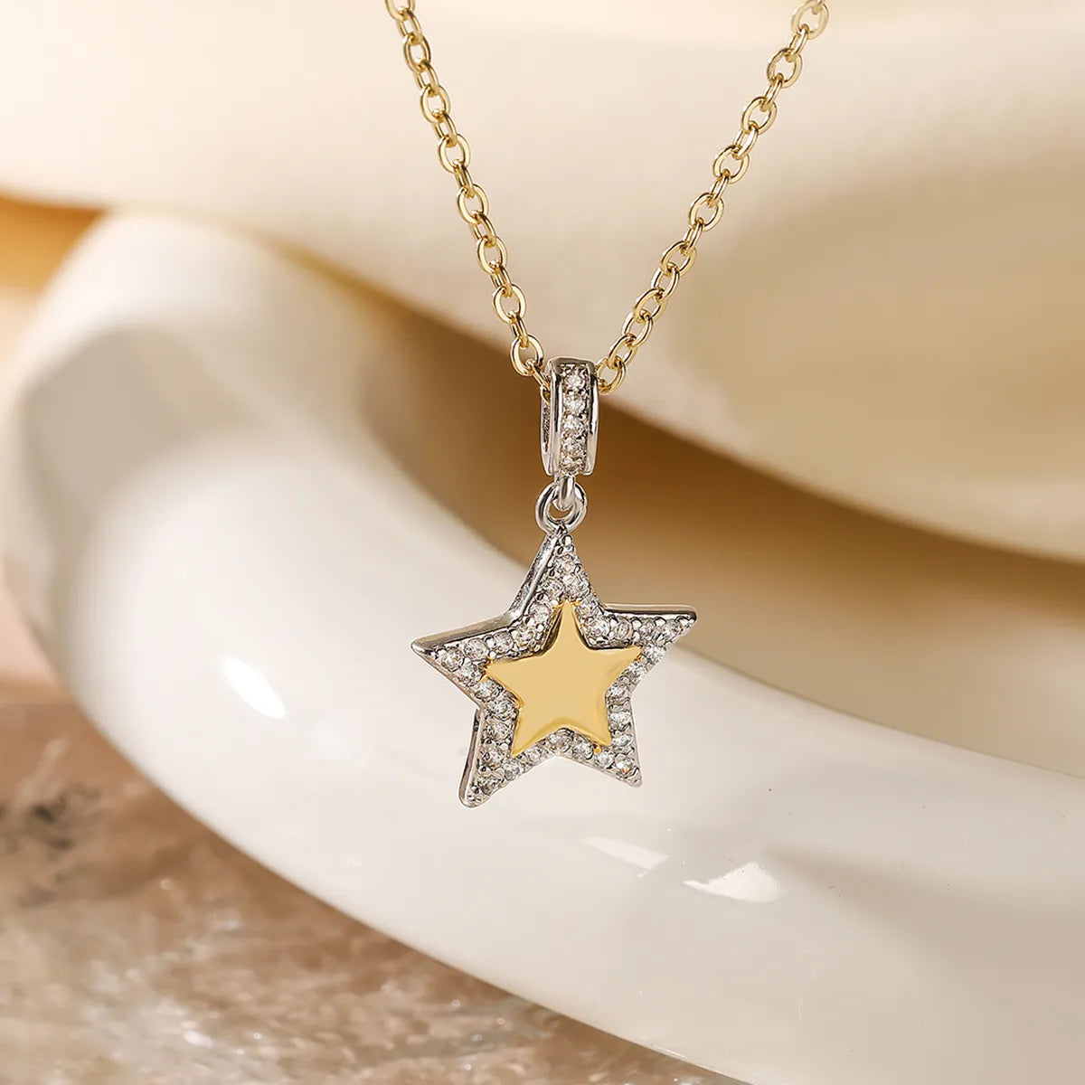 Copper Inlay Star Heart Shape Zircon Pendant Necklace