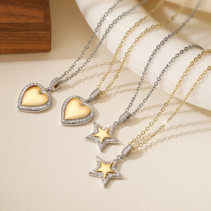 Copper Inlay Star Heart Shape Zircon Pendant Necklace