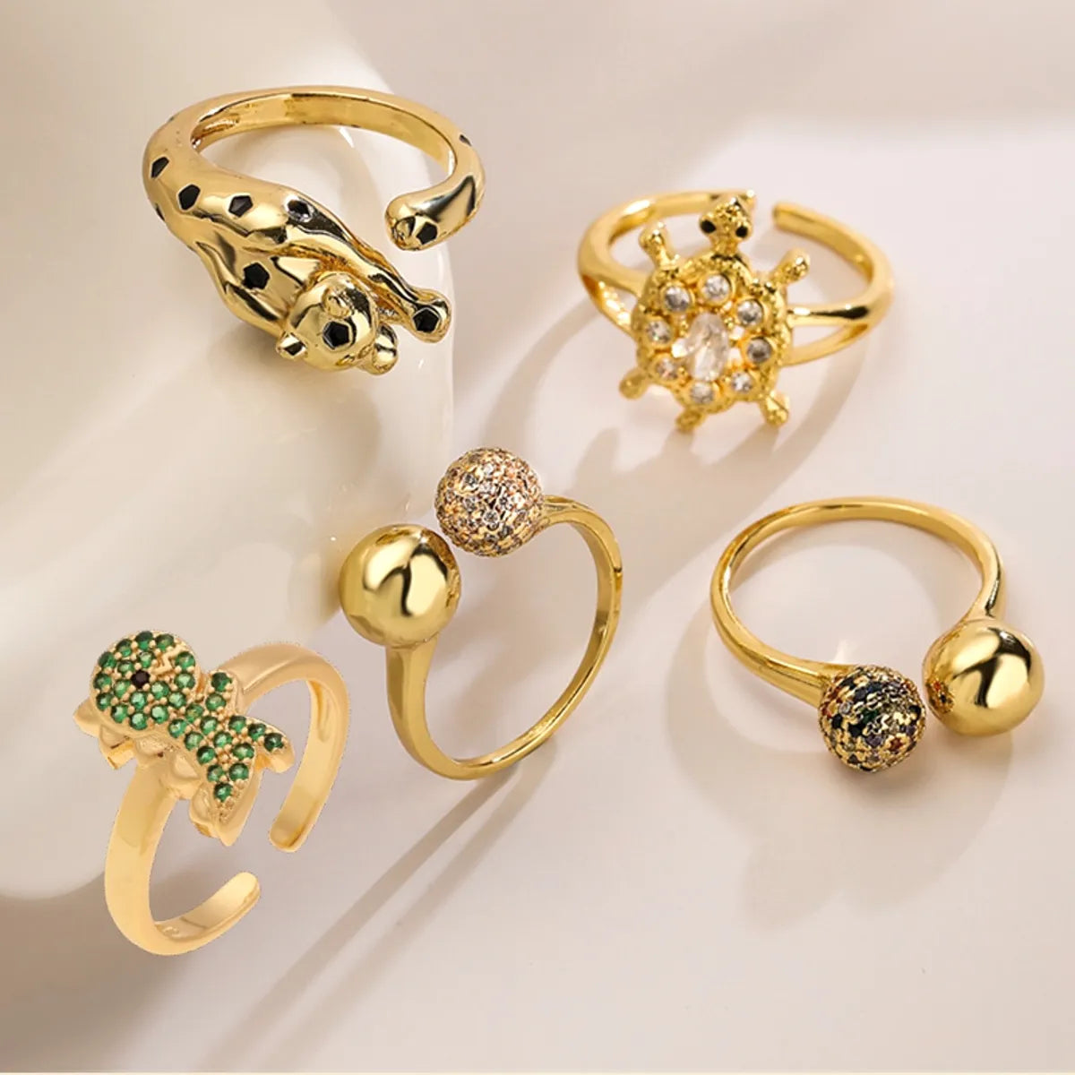 Copper K Gold Plated Cute Vintage Style Plating Inlay Animal Round Dinosaur Zircon Open Rings