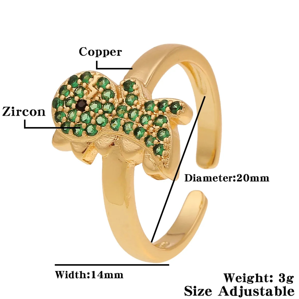 Copper K Gold Plated Cute Vintage Style Plating Inlay Animal Round Dinosaur Zircon Open Rings